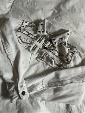 Denim 4 Us micro cropped white denim jean studded jacket sleeves unique